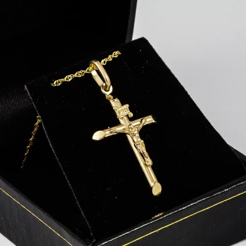 Vista 5 de Colgante de cruz de Jesús de oro amarillo de 14 k con cadena italiana de lujo