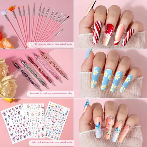 Vista 4 de Kit de uñas postizas acrílicas, kit de uñas postizas a presión con puntas de uñas transparentes de ataúd, soporte de exhibición de uñas, calcomanías