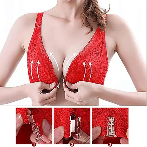 Vista 6 de Floral Secrets Comfort Rose Bra - Brasier con cierre frontal de encaje cómodo, sin alambre, brasier sin varillas y sin costuras