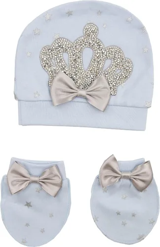 Vista 4 de LAL & LUNA Traje de algodón con diseño de corona para bebé, 3 piezas, con sombrero y manoplas
