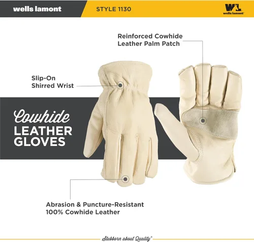 Vista 3 de Wells Lamont Guantes de trabajo de cuero para hombre, piel de vaca, palma reforzada, ideales para construcción, agricultura, ganadería, ajuste Beige