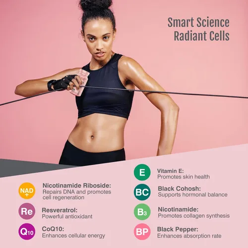 Vista 3 de Suplemento exclusivo NAD+ para mujeres, alternativa NMN con resveratrol, CoQ10, Cohosh negro, vitamina E para la salud celular, mejora la energía
