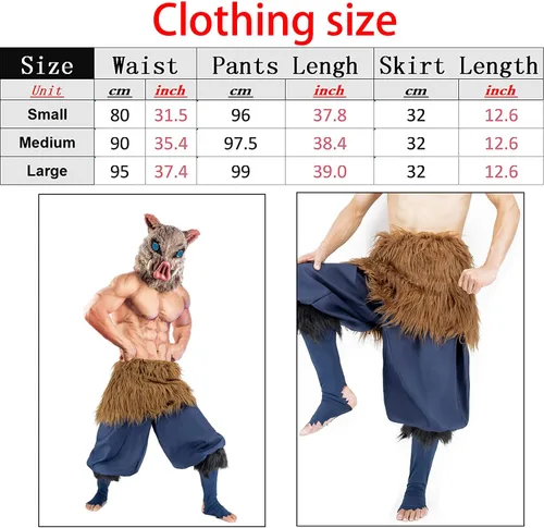 Vista 2 de Anime Demon Slayer-Hashibira Inosuke Cosplay Prop Máscara de Halloween Capucha Pantalones Delantal Falda de Felpa Adulto, Talla libre