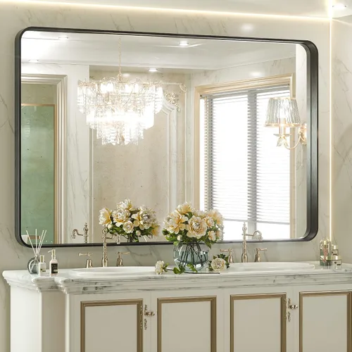 Vista 47 de Espejo de marco dorado cepillado de 16 x 24 pulgadas, espejo de tocador de baño de latón dorado para pared, espejo enmarcado rectangular de esquina