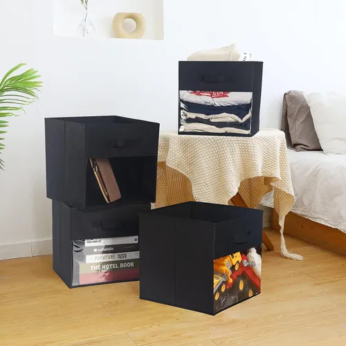 Vista 2 de Paquete de 4 cubos de almacenamiento con ventana transparente, cajas grandes con asas, organizador de armario de tela, 13 x 13 x 13 pulgadas