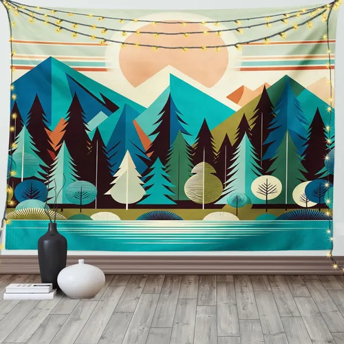 Vista 169 de Ambesonne Tapiz Trippy, vista panorámica de la cascada con bosques de ensueño y mandala oriental psicodélico, decoración de tela para colgar