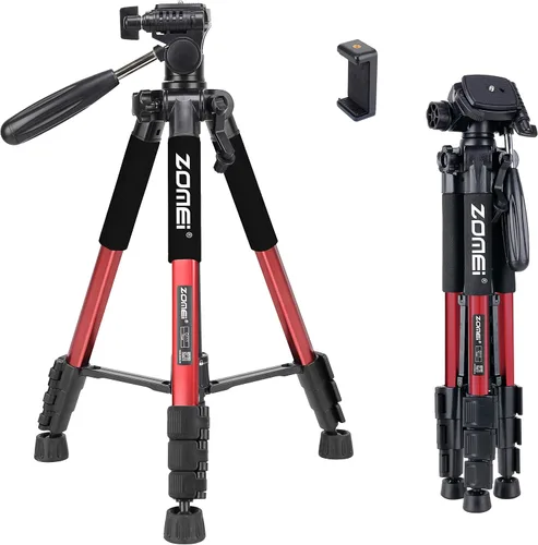 Vista 12 de Trípode de aluminio portátil de viaje ligero compacto Q111 de 55 pulgadas para Canon Nikon Sony DSLR Cámara YouTube teléfono con estuche de Rojo