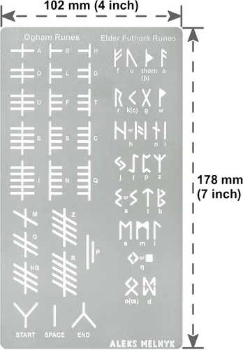 Vista 4 de Aleks Melnyk No.421 Plantilla de metal, runas Elder Futhark y Ogham, Alfabeto antiguo, alfabeto mágico de sigil, plantilla de letras para leña