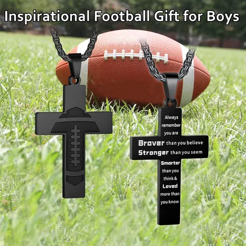Vista 5 de Collar de cruz de fútbol para niños, colgante de cruz de versículo bíblico inspirador, cadena de acero inoxidable de 22 + 2 pulgadas, joyería
