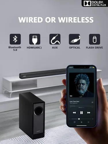 Vista 7 de Barra de sonido de 5.1 canales con audio Dolby, barras de sonido para TV, subwoofer inalámbrico y altavoz trasero, Dolby Digital Plus, Bluetooth