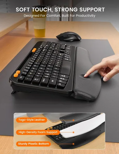 Vista 3 de SABLUTE - Combo de teclado y mouse inalámbricos ergonómicos con llave Wave Leather Soft Palm Rest, Rechargeable, 4-Level DPI, Phone Holder