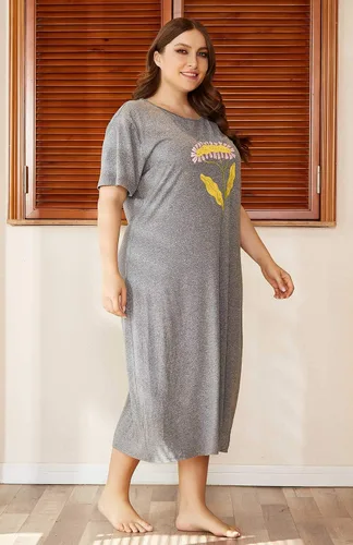Vista 4 de Camisón de manga corta para mujer, talla grande, con estampado largo, cuello redondo, ropa de dormir, cómoda camisa para dormir