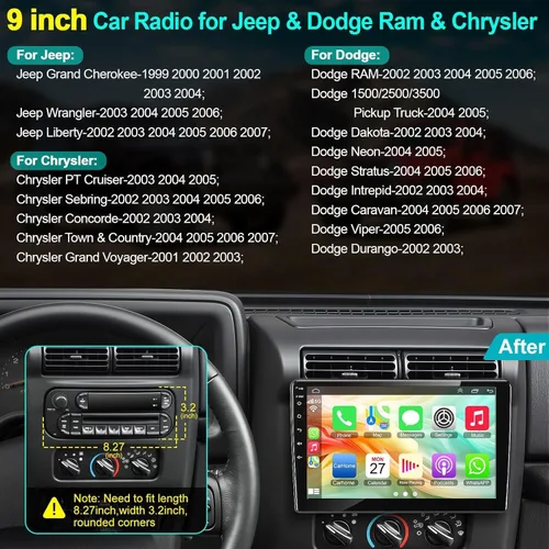 Vista 2 de Radio de coche 4+64G para Jeep Wrangler-2003 2004 2005 2006, para Dodge RAM 1500/2500/3500-2002 2003 2004 2005, estéreo de coche de 9 pulgadas