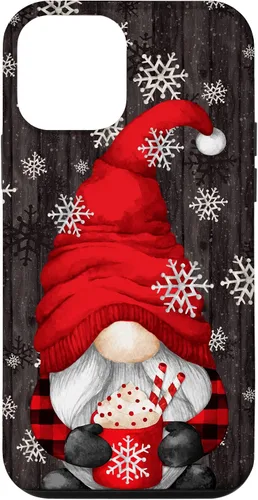Vista 16 de iPhone 14 Pro Gnomo de Navidad rojo para mujeres con taza de cacao caliente lindo estuche de Navidad