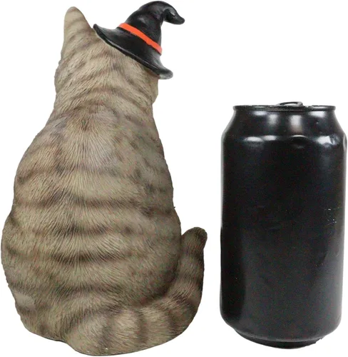 Vista 4 de Ebros - Figura de gato gris realista con sombrero de bruja para Halloween, 7.5 pulgadas de alto con ojos de cristal, brujas, Wicca, oculto, felino