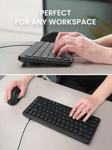 Vista 6 de Perixx PERIBOARD-414U - Mini teclado USB con cable, compacto, 12.24 x 5.32 x 0.71 pulgadas, Plug and Play, negro, diseño en inglés de EE. UU