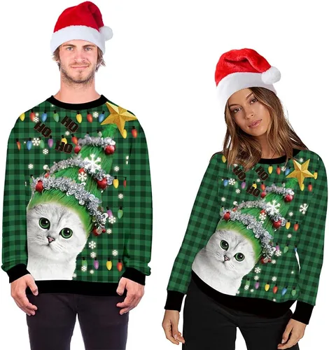 Vista 44 de Sudaderas de Navidad unisex con estampado 3D y cuello redondo, manga larga, suelta, suéter de Navidad