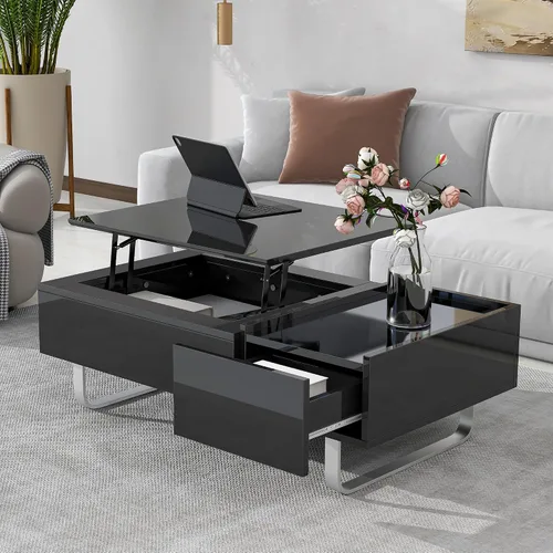 Vista 14 de Mesa de centro moderna con vidrio templado, mesa de cóctel de madera con superficie UV de alto brillo, mesa central rectangular modernista de 2 Negro