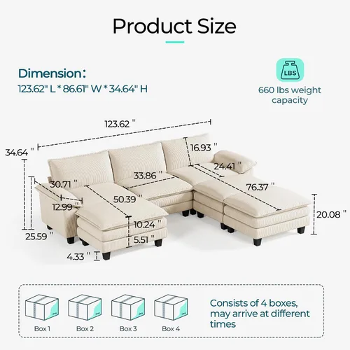 Vista 45 de LINSY HOME Cloud Sofa - Silla decorativa con tumbona otomana para interiores, sofá de pana perfecta para sala de estar, apartamento, oficina, beige