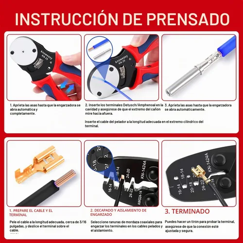 Vista 6 de Kit de herramienta de crimpado Knoweasy para conectores Deutsch DT: Crimpador de barril cerrado y barril abierto, herramienta de extracción