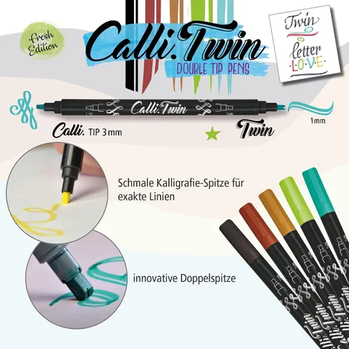 Vista 3 de Online Calli.Twin Handlettering - Bolígrafos Fresh Juego de 5 bolígrafos de doble línea Juego de caligrafía para diario de viñetas, letras