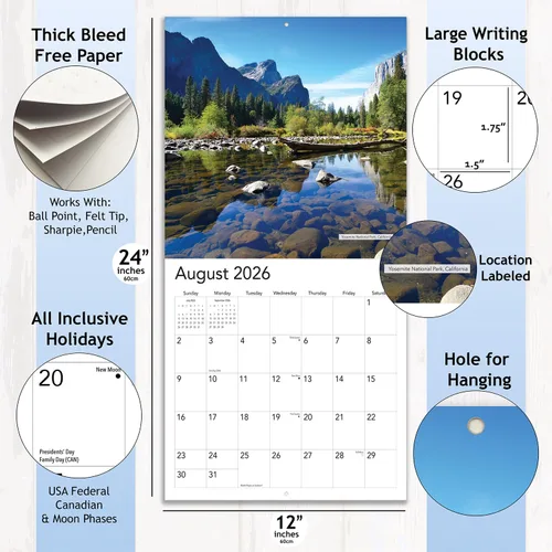 Vista 3 de Calendario de Parques Nacionales 2026 – Calendario de pared colgante de naturaleza, al aire libre con paseos por paisajes escénicos, planificador