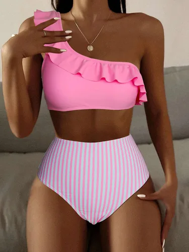 Vista 5 de Cozyease Traje de baño de cintura alta con volantes a rayas para mujer