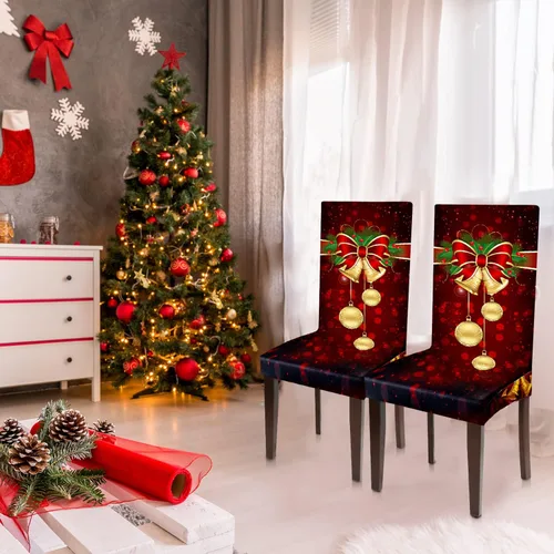 Vista 6 de Boao 4 fundas protectoras de silla de Navidad, estilo campana, elástico, extraíble, lavable, funda protectora de asiento de silla de Navidad
