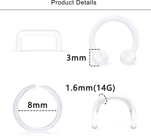 Vista 2 de Lcolyoli Retenedor de tabique transparente 14G 16G anillo de tabique transparente de plástico ocultable en forma de U en forma de herradura