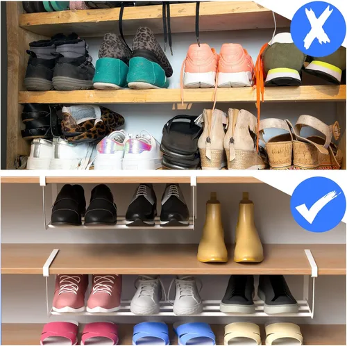 Vista 4 de CroBlissful 1 zapatero expandible para armario de 16.5 a 31.5 pulgadas, ajustable, retráctil, colgante, estante para zapatos, dormitorio, Blanco