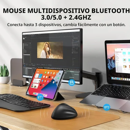 Vista 3 de Ratón inalámbrico Bluetooth ergonómico vertical para computadora portátil, MacBook, iPad, tableta, recargable, silencioso, clic, USB, túnel Negro