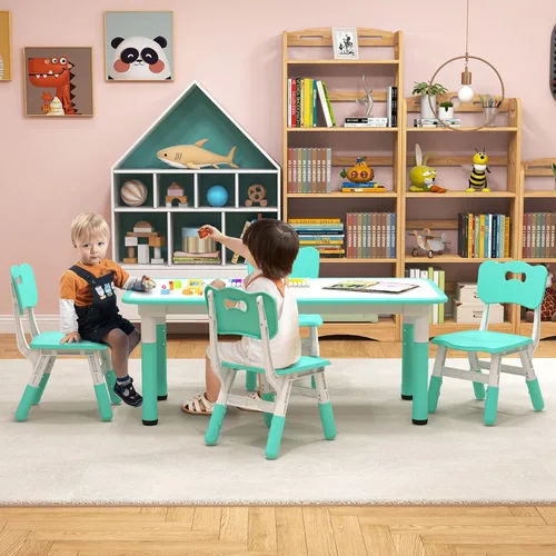 Vista 8 de Costzon Juego de mesa y 4 sillas para niños, escritorio y sillas para niños pequeños de altura ajustable con escritorio de graffiti, patas Verde