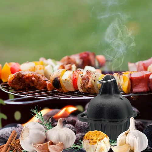 Vista 6 de Asador de hierro fundido, caja de ahumador de hierro fundido pre-sazonado para asar a gas, asador de ajo para horno, ideal para ahumar, asar, ajo
