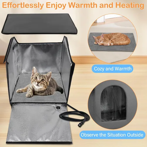 Vista 5 de Casa para gatos climatizada resistente a la intemperie, casa para gatos al aire libre con cama térmica, casa aislada para gatos elevados, refugio