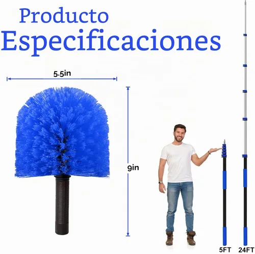 Vista 2 de Plumero de telaraña de alcance de 30 pies con poste de extensión, cepillo de telaraña con poste de extensión telescópico de 5 a 24 pies, cerdas