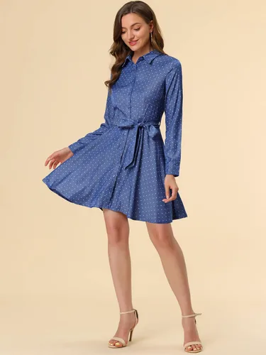Vista 3 de Allegra K Vestido camisero con cinturón de lunares y manga larga con botones para mujer