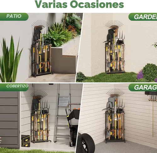 Vista 8 de Organizador de herramientas de jardín para esquina - Estante de metal resistente con 34 compartimentos de almacenamiento y 14 ganchos para palas