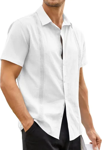Vista 3 de Hestenve Guayabera - Camisas casuales de lino y algodón con botones de manga corta para hombre, camisa hawaiana cubana de verano, playa, trabajo