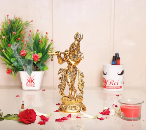 Vista 3 de KridayKraft Lord Krishna Estatua de metal, Krishna Murti tocando la flauta para Temple Pooja, decora tu hogar, oficina y regalo a tus familiares