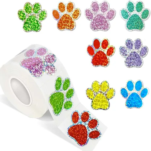 Vista 28 de 500 piezas de rollo de calcomanías lindas de patas de perro en glitter, etiquetas adhesivas de huellas de perro negro, etiquetas de vinilo Patas