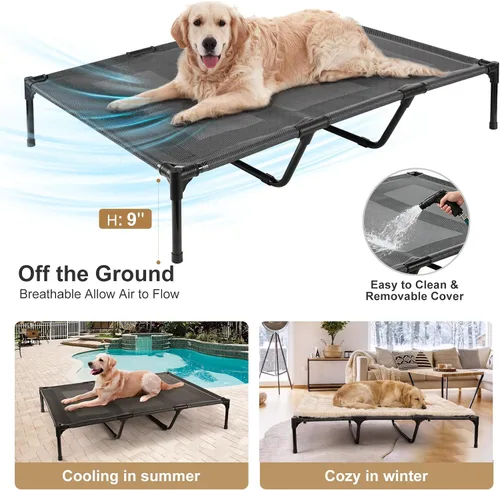 Vista 4 de petizer Cama elevada grande y refrescante para perros, catre resistente al aire libre para acampar en verano, cama elevada para mascotas Negro