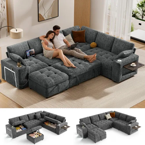 Vista 18 de Vipbear Sofá cama modular de 111 pulgadas con cama extraíble, sofá en forma de L de felpilla de 7 asientos con diván de almacenamiento, puertos USB