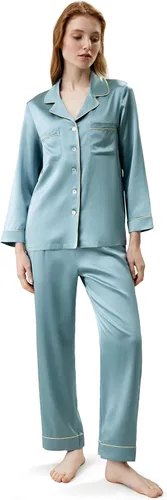 Vista 14 de LilySilk Pijama de seda para mujer, con ribete dorado, 100% seda, lavable Verde aguacate