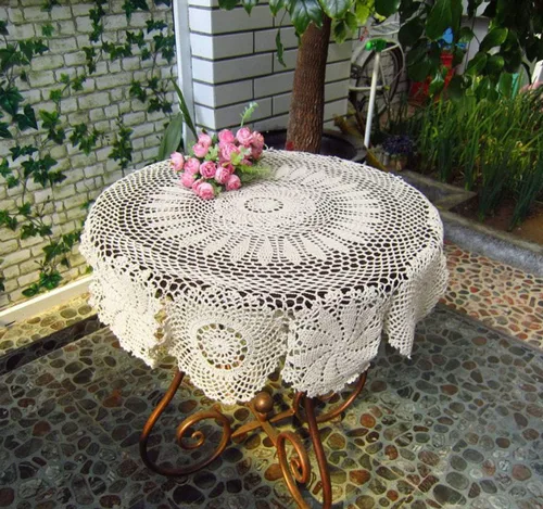 Vista 3 de Hetao Mantel redondo de ganchillo 100% algodón hecho a mano, fundas de mesa de encaje, beige, 27 pulgadas