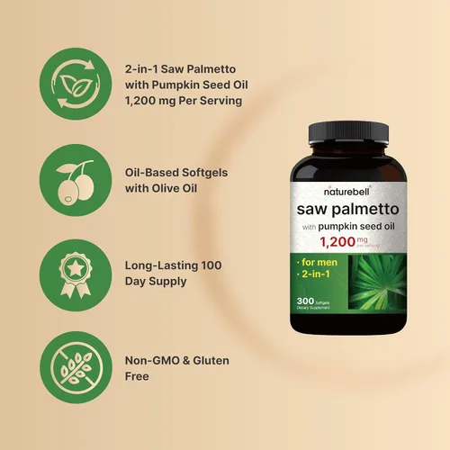 Vista 3 de Saw Palmetto para hombres con aceite de semilla de calabaza, 1200 mg, 300