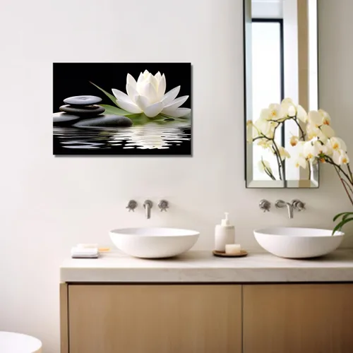 Vista 4 de LZIMU Lienzo decorativo para pared, diseño de loto blanco y piedras zen negras que florecen en el agua, impresiones de imágenes para yoga, spa