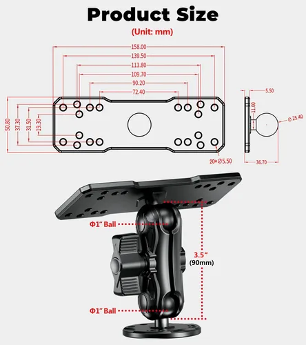 Vista 6 de VAZESWIN Soporte de buscador de peces de aleación de aluminio con placa rectangular de bola de tamaño B de 1 pulgada y base redonda, brazo mediano