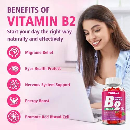 Vista 3 de Gomitas de vitamina B2 de 400 mg Suplemento de riboflavina con magnesio para niños y adultos, gomitas B2 para aliviar la migraña, el sistema