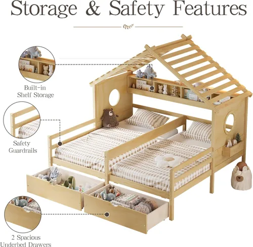 Vista 9 de Cama de plataforma de casa tamaño individual con estantería y cajones de Natural
