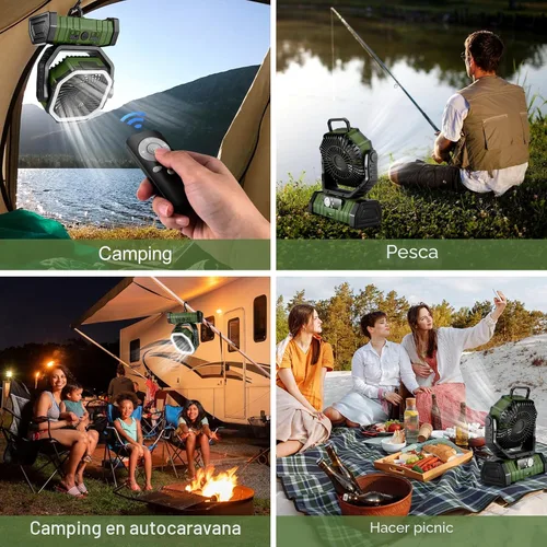 Vista 2 de Odoland Ventilador de camping de 30000 mAh con linterna LED, recargable, funciona con batería, oscilante con control remoto y gancho, ventilador